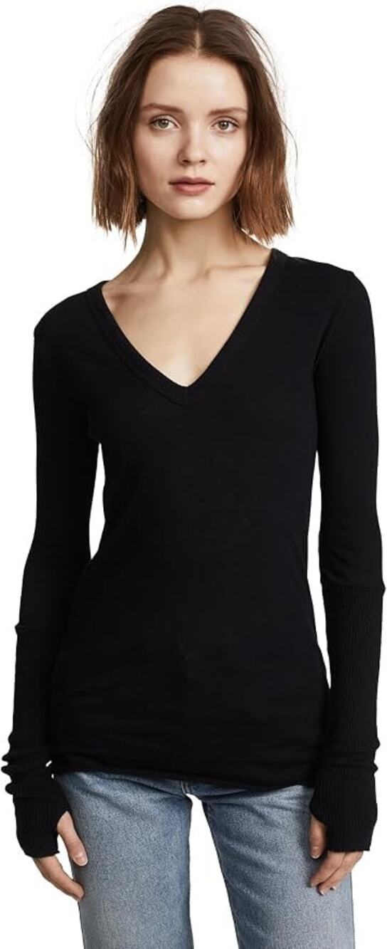 NWOT Enza Costa Women’s Cashmere Blend Cuffed V-Neck Top with Thumbholes